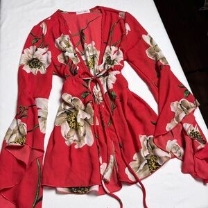 Miley Molly Red Floral Sheer Cardigan w/ Bell Sleeves-S